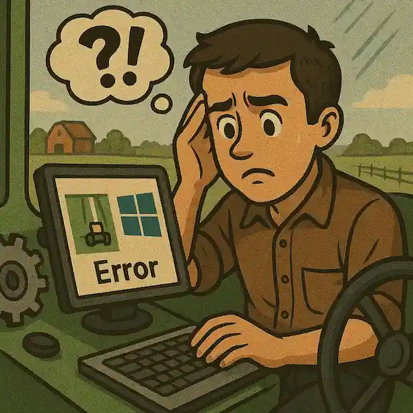 Illustration d’un agriculteur frustré par une erreur système sur un GPS agricole Windows