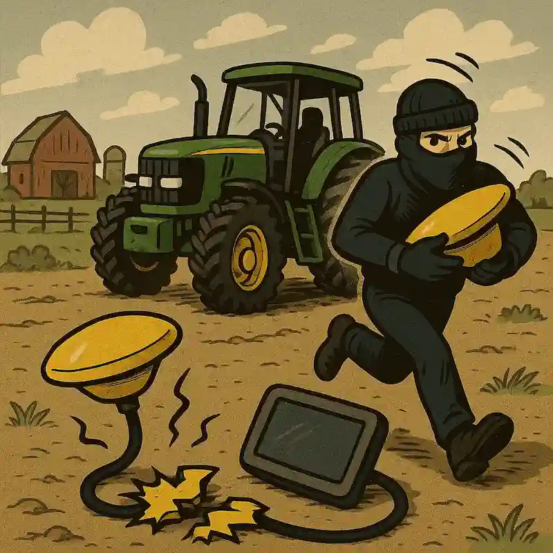 vol-gps-agricole-caricature-RTK Illustration d’un voleur dérobant un GPS RTK sur un tracteur vert