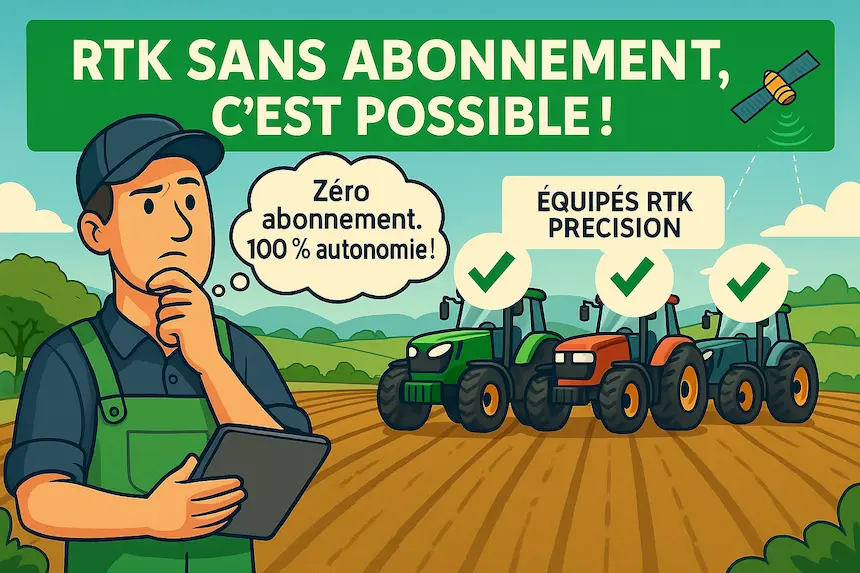 Illustration d’un agriculteur réfléchissant à l'autoguidage RTK sans abonnement, avec trois tracteurs équipés sur un champ.