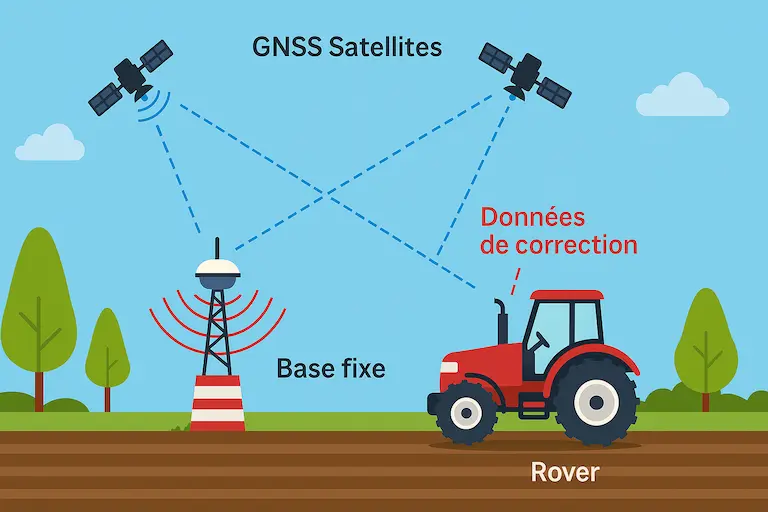Principe du GPS RTK en agriculture : satellites GNSS, base fixe Centipède, et tracteur recevant les données de correction