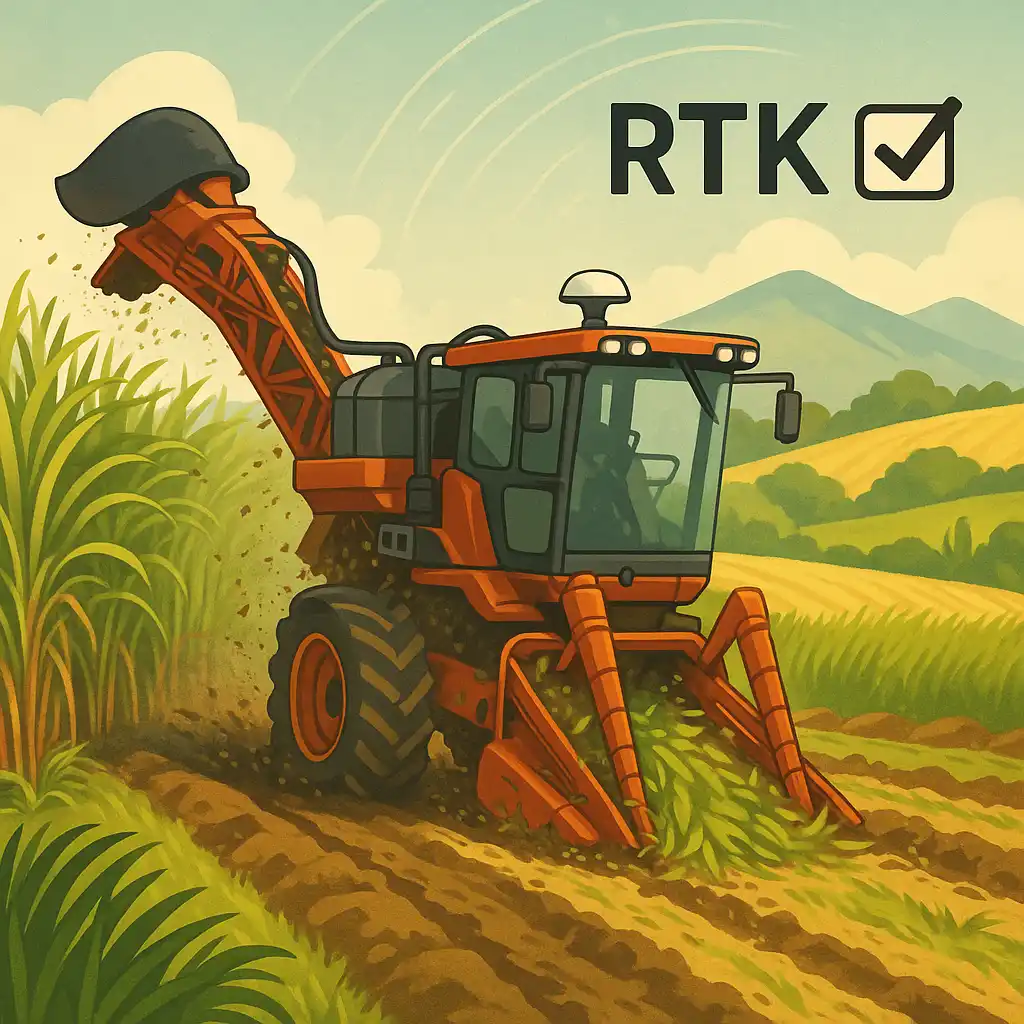 Récolteuse de canne à sucre équipée d’un système RTK eSurvey en fonctionnement à La Réunion