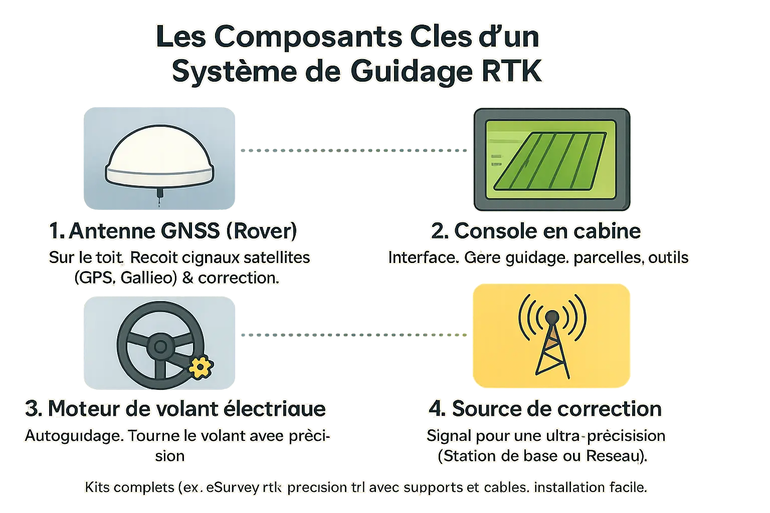 Illustration des composants d'un système RTK agricole
