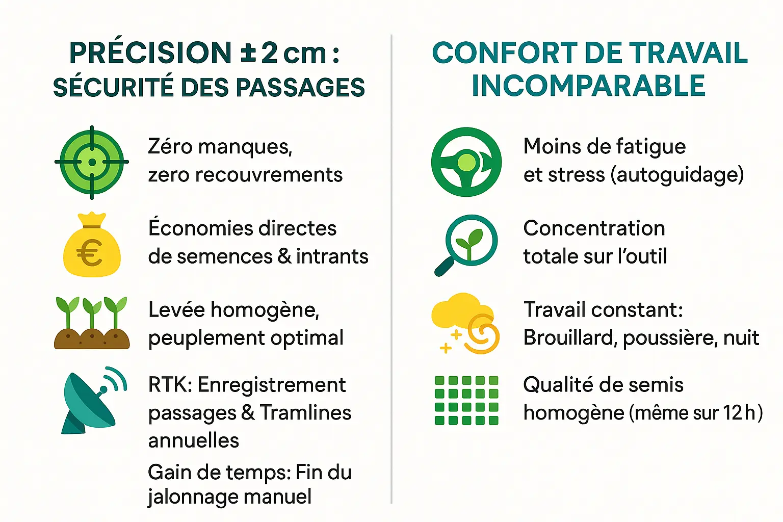 Infographie sur la précision et le confort en agriculture avec le RTK