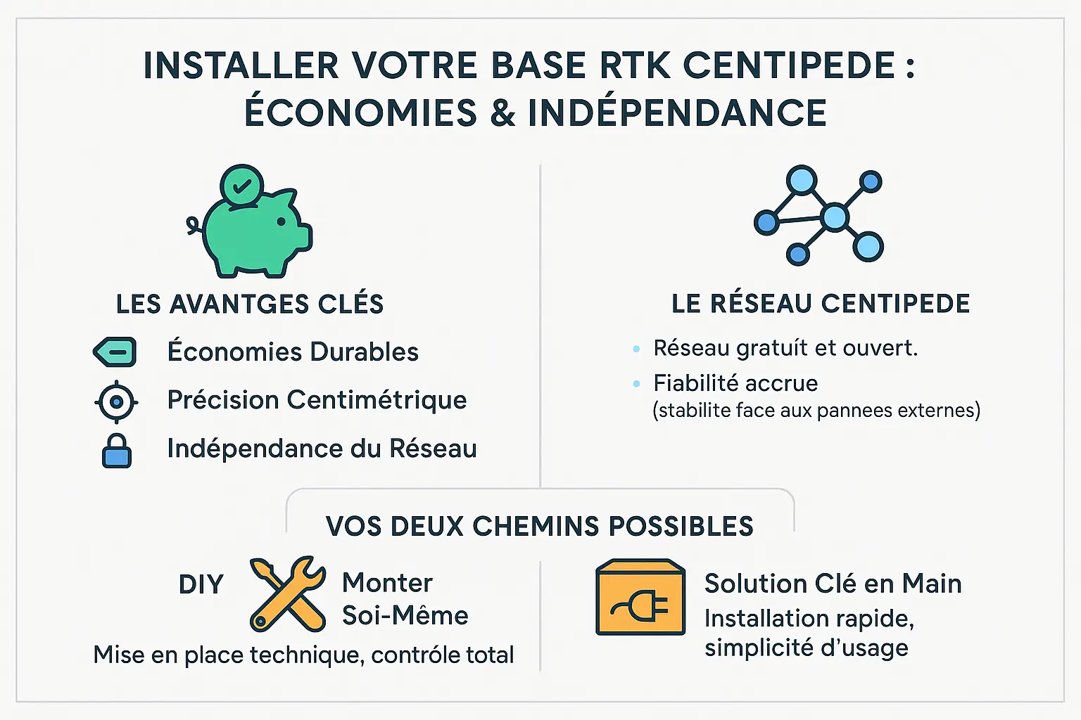 Schéma d'une <strong>base RTK Centipede</strong> montée soi-même et d'une base pré-assemblée