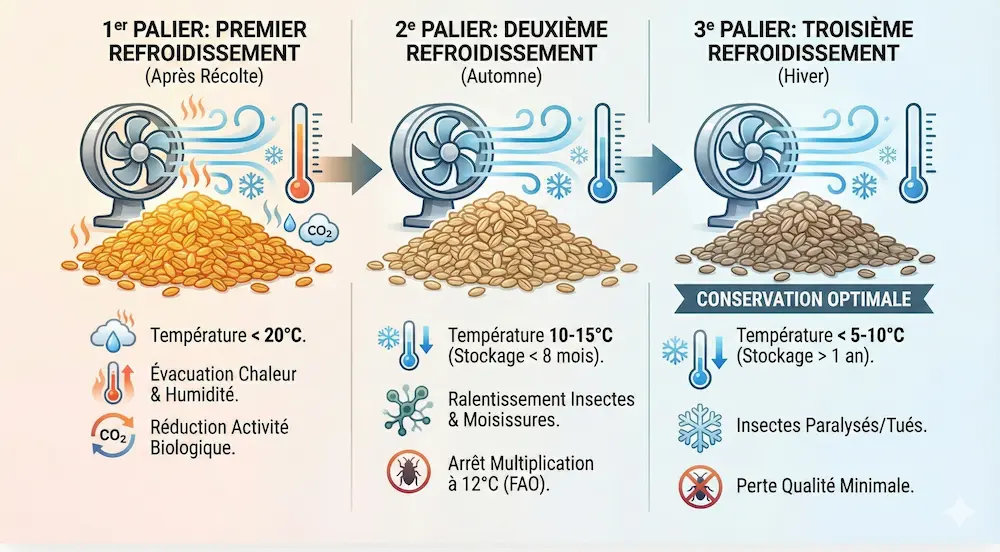 Schéma illustrant les trois paliers de refroidissement des céréales pour une conservation optimale