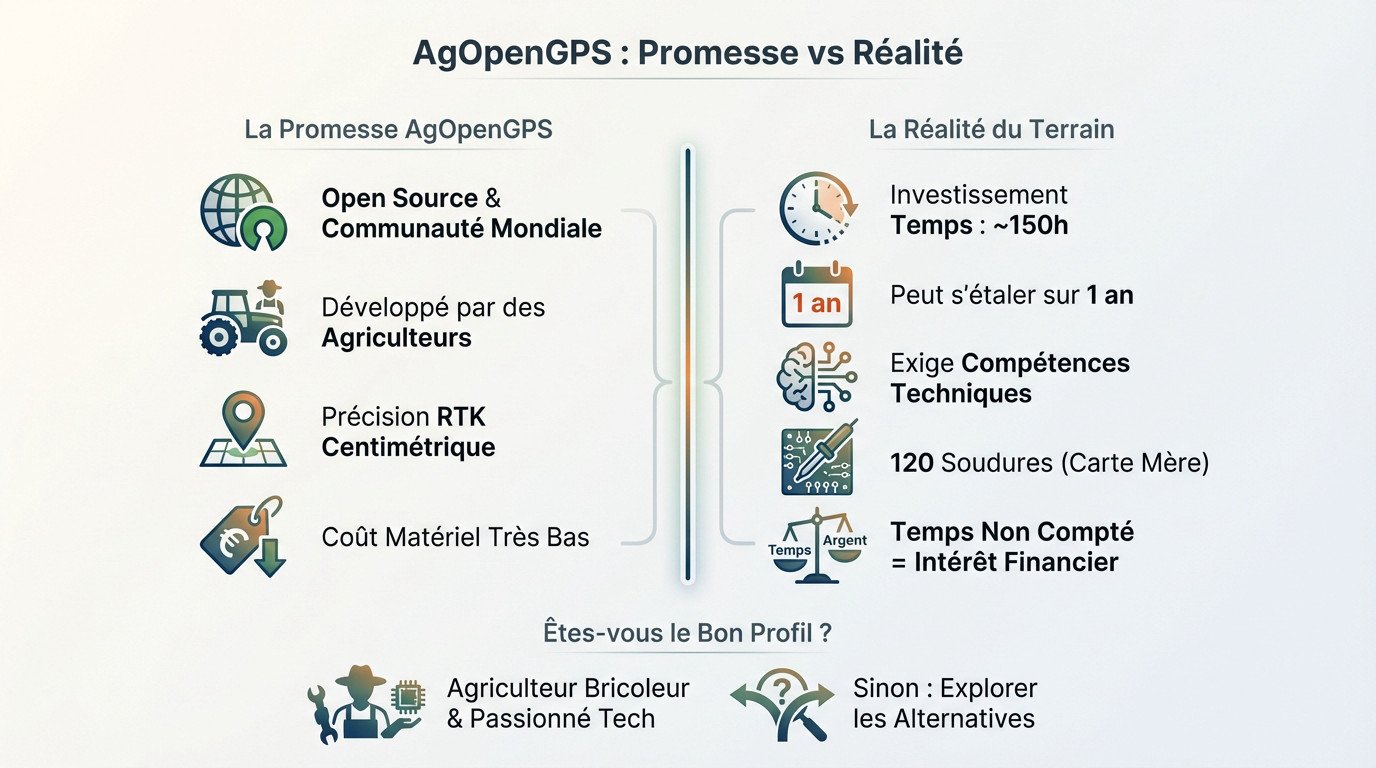 Comparaison entre la promesse d'économie d'AgOpenGPS et la réalité du temps d'installation sur un tracteur