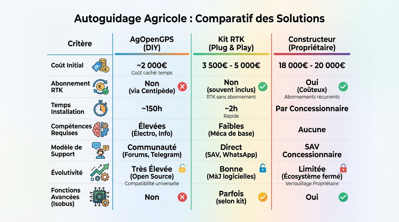 <strong>Tableau comparatif des solutions d'autoguidage</strong> : AgOpenGPS, Kit RTK et systèmes constructeurs