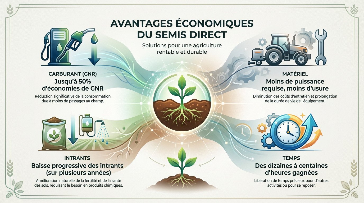 Agriculteur observant son champ en semis direct, illustrant les économies de mécanisation et d'intrants