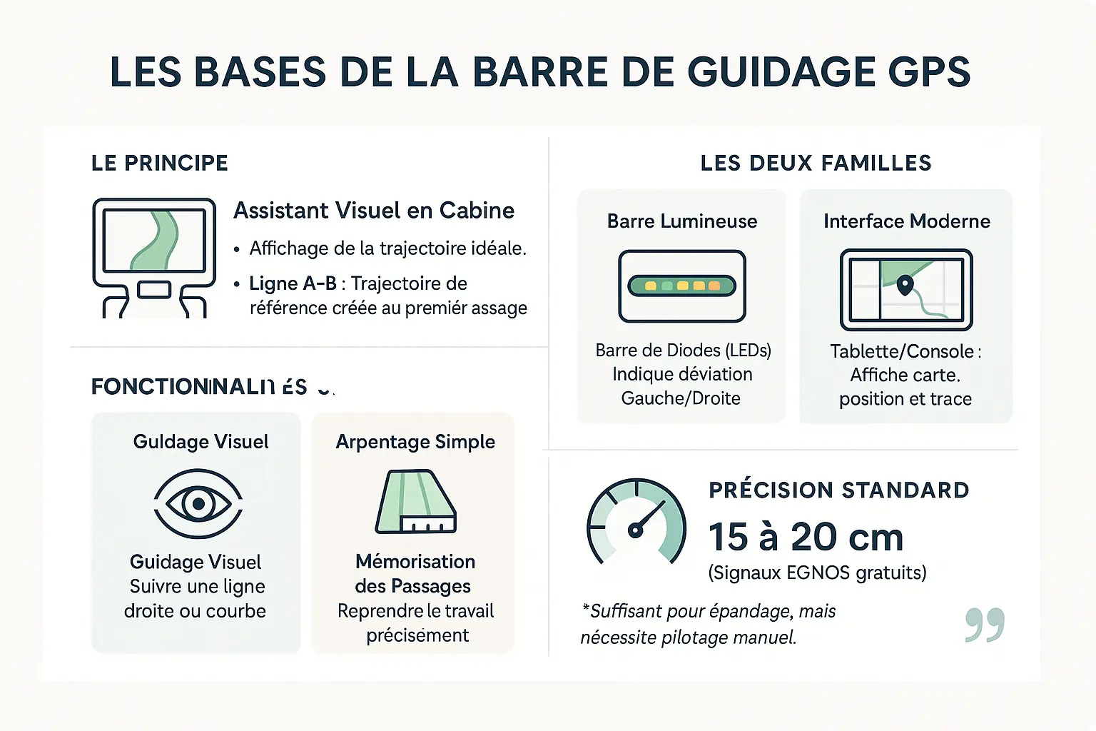 Illustration d'une barre de guidage GPS agricole en action