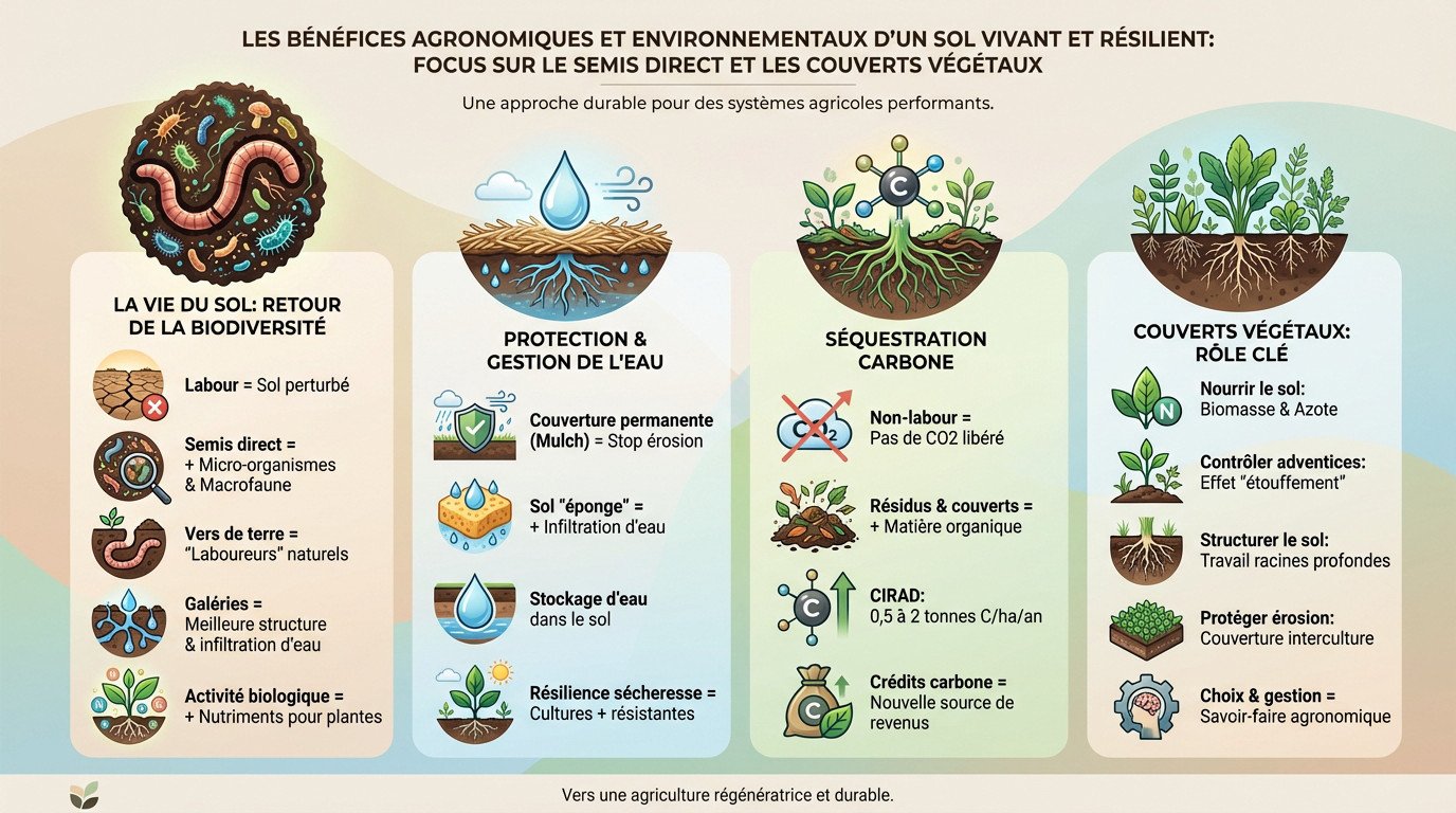 Schéma illustrant les bénéfices d'un sol vivant en semis direct avec couverts végétaux