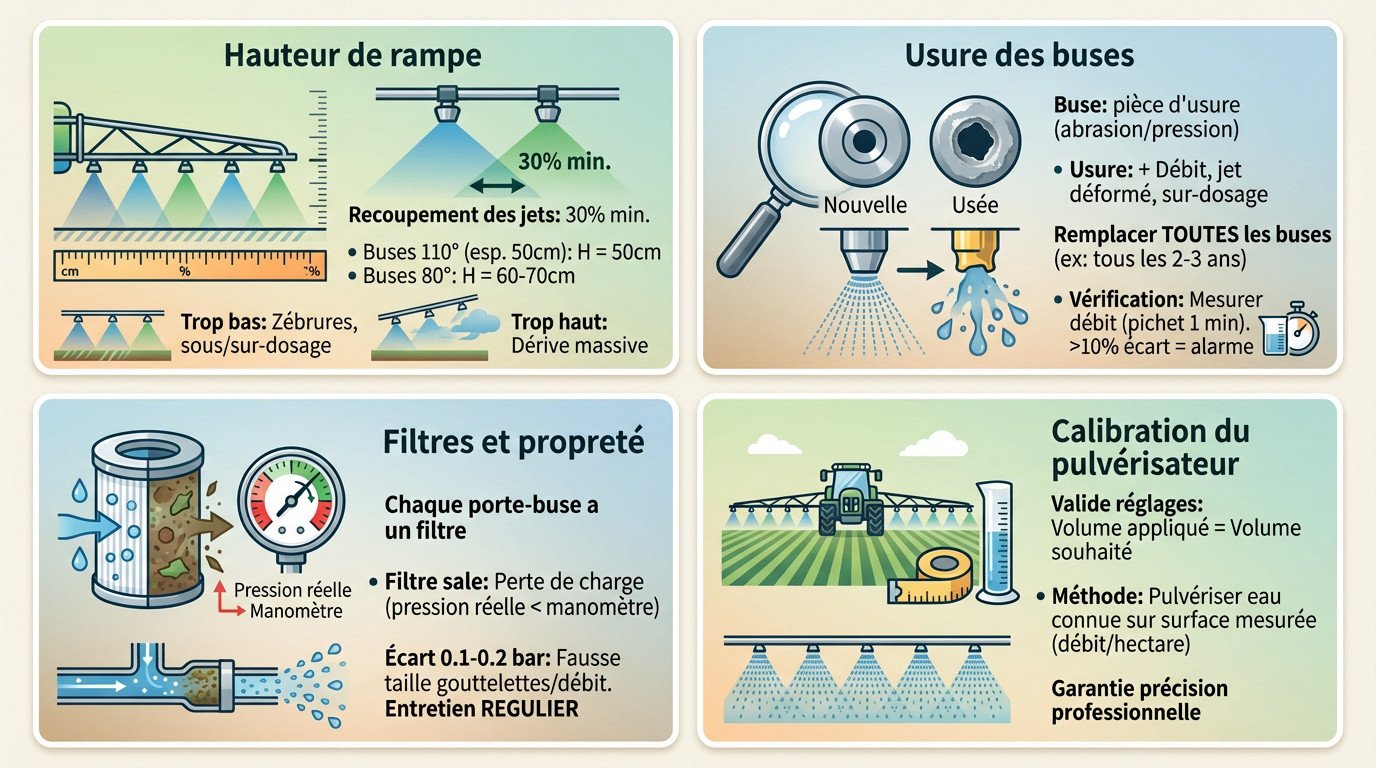 Schéma technique montrant la hauteur de rampe idéale et le recouvrement des jets pour une pulvérisation agricole