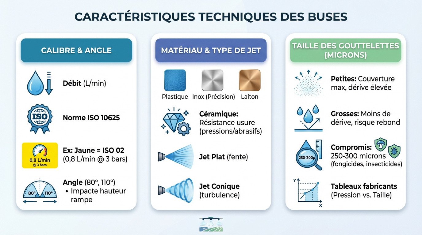 Schéma explicatif des caractéristiques techniques d'une buse de pulvérisation agricole : calibre, angle et débit