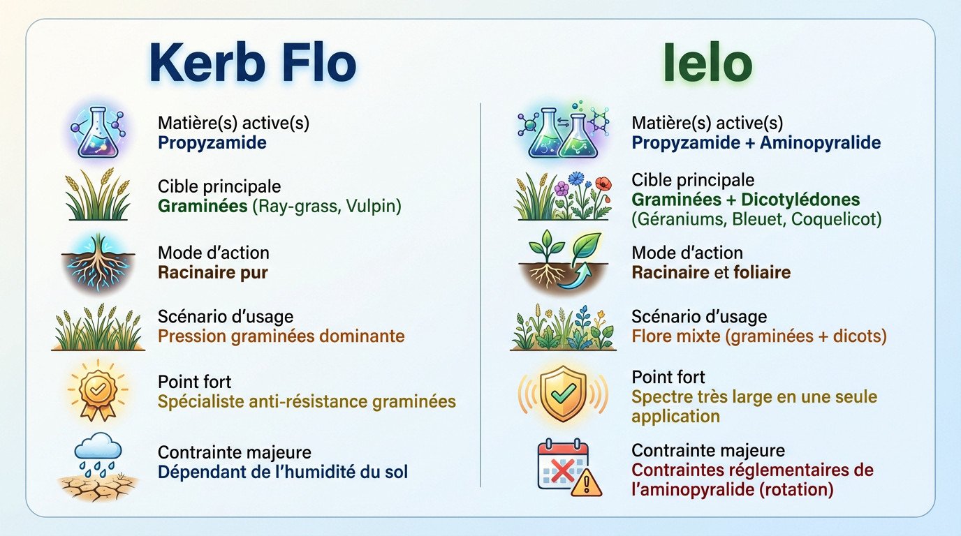 <strong>Comparatif technique entre Kerb Flo et Ielo pour le désherbage du colza</strong>“></p>
<p>Ce tableau démontre clairement leur <strong>complémentarité plutôt que leur concurrence directe</strong>. Ielo n’est pas simplement un “Kerb amélioré”, c’est une stratégie différente pour répondre à une complexité botanique bien spécifique sur ton exploitation.</p>
<h2 id=