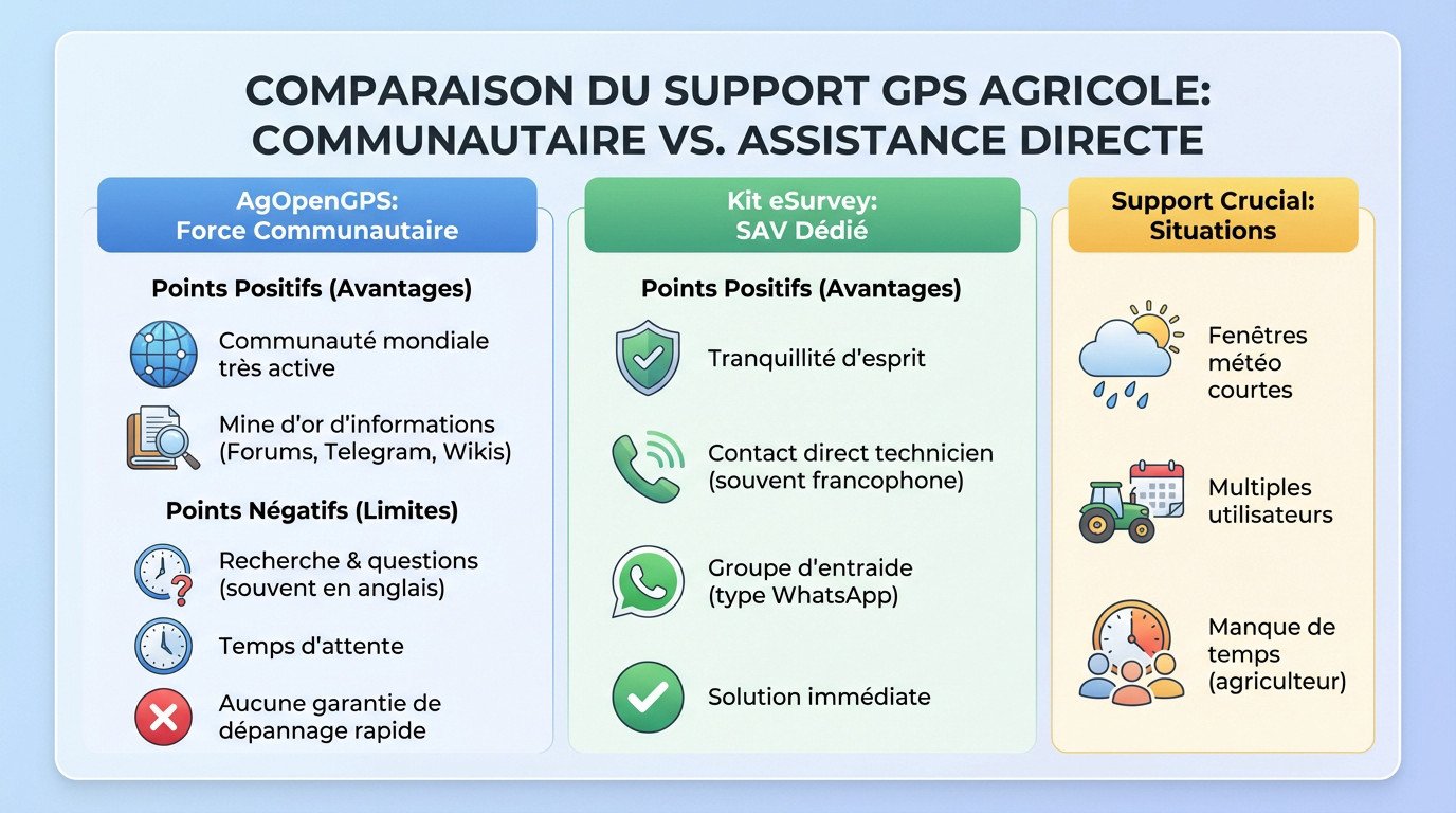 Comparaison autoguidage : support communautaire AgOpenGPS vs assistance technique directe