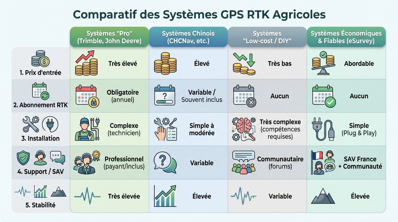 Comparatif des systèmes GPS RTK agricoles 2026 : Trimble, John Deere, eSurvey et autoguidage