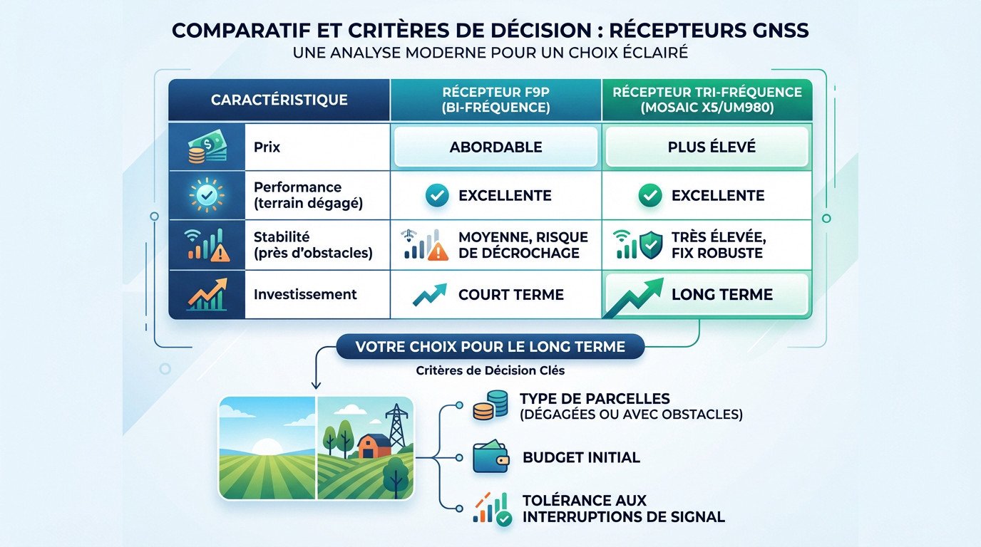 Tableau comparatif récepteur GNSS F9P vs Tri-fréquence pour l'agriculture de précision