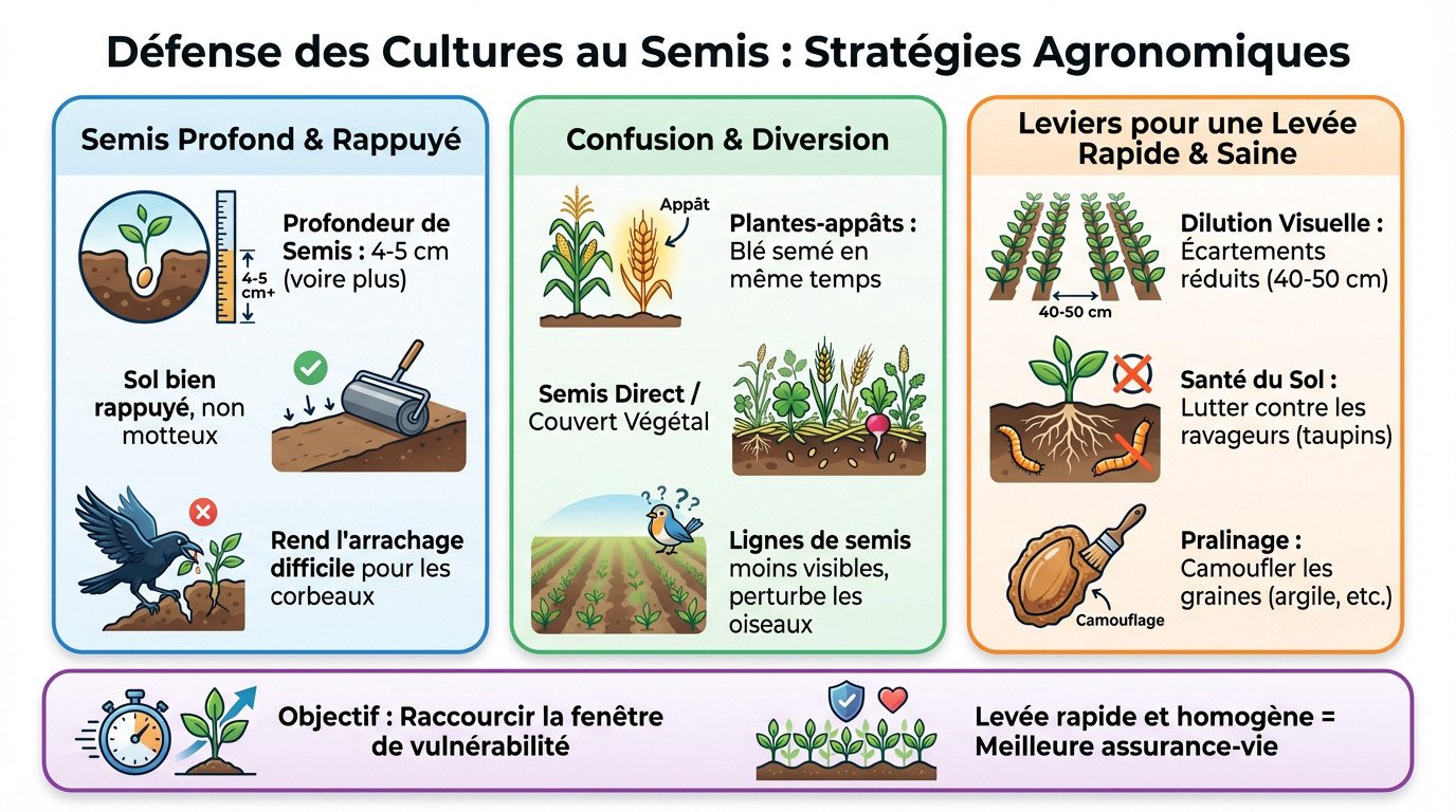 Schéma des stratégies agronomiques pour protéger les semis de maïs contre les corvidés