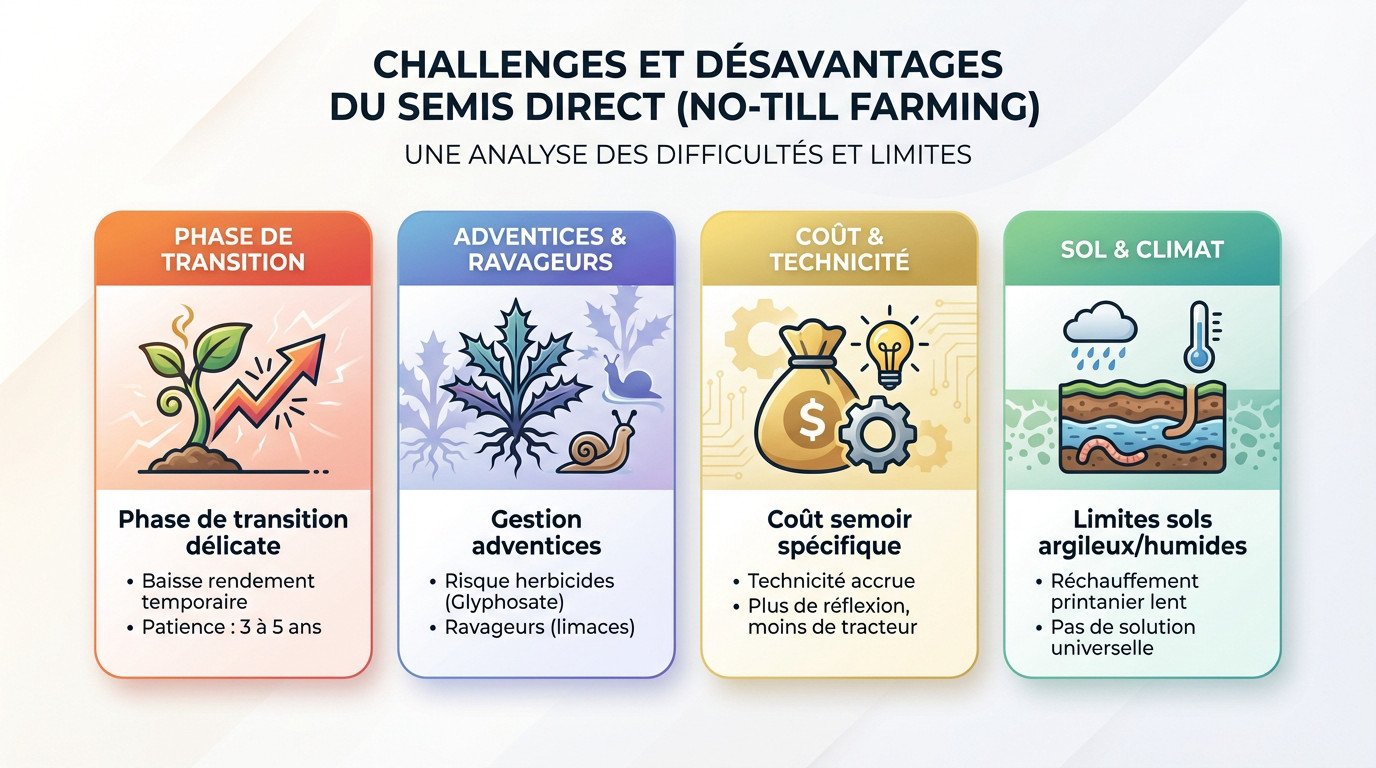 Agriculteur inspectant un sol compacté et des résidus de culture dans une parcelle en semis direct difficile