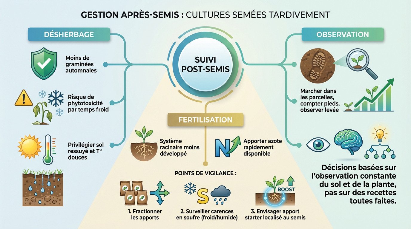 Jeune plant de blé en semis direct inspecté par un agriculteur après un automne humide