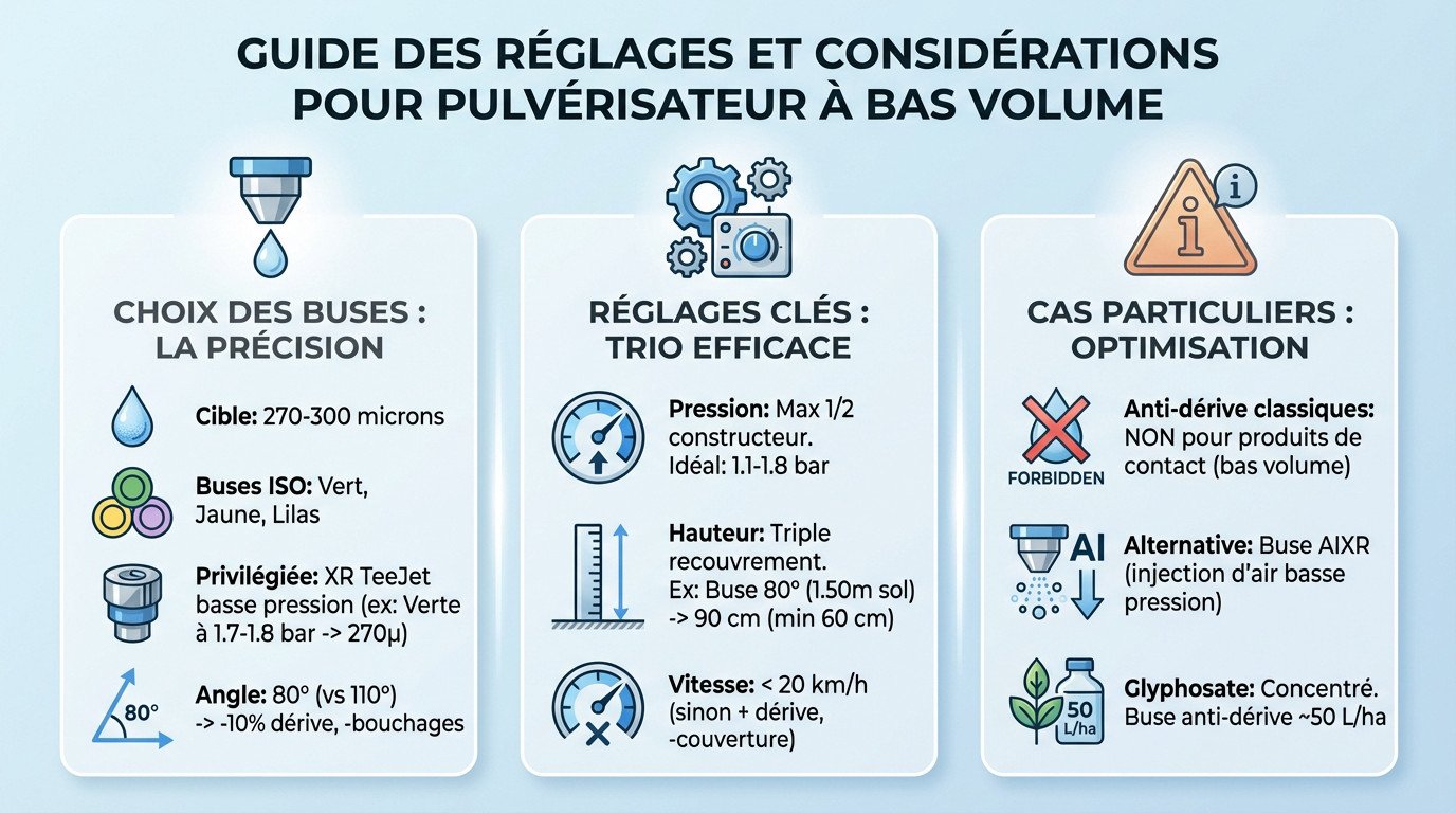 Schéma des réglages clés pour un pulvérisateur bas volume : buses, pression et hauteur de rampe