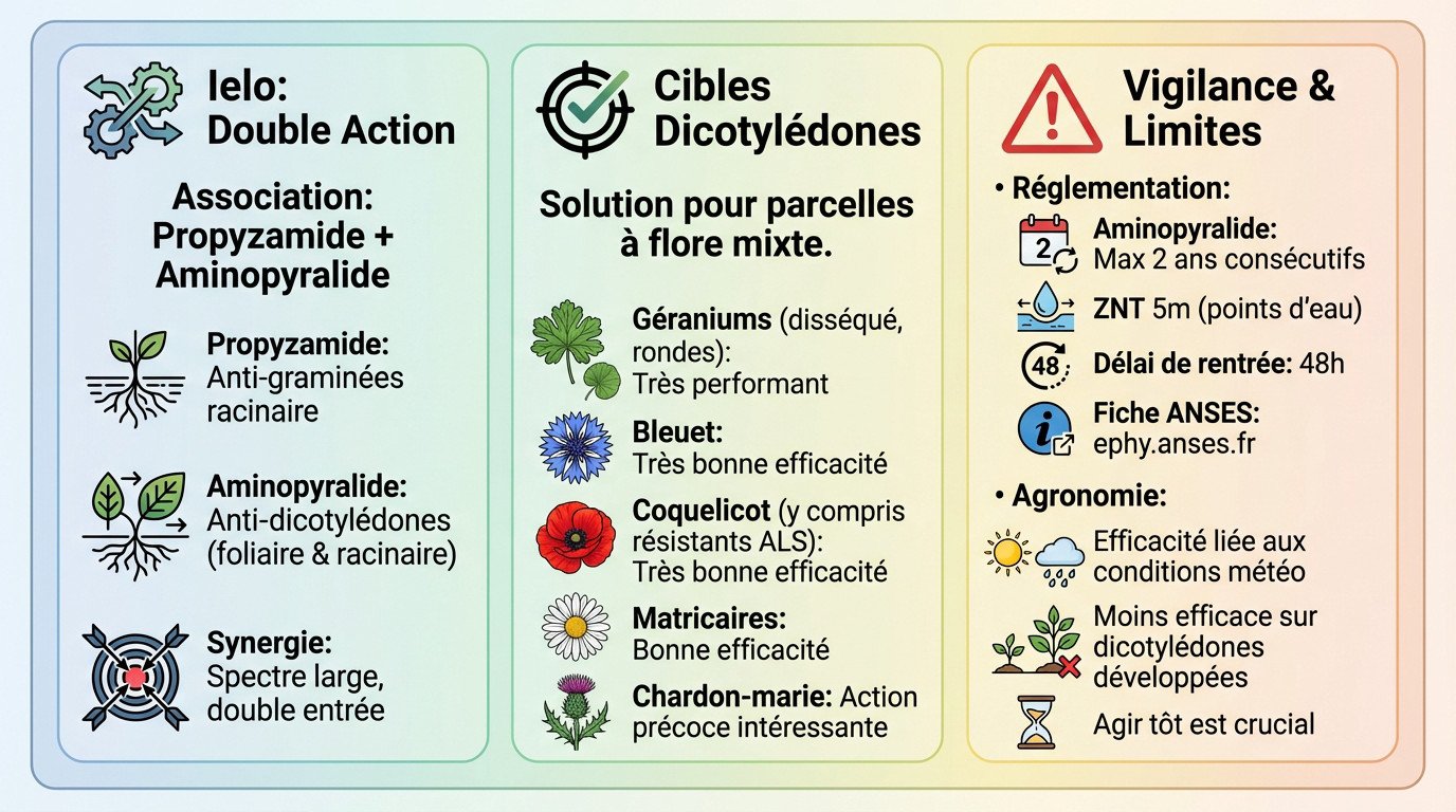Schéma explicatif du double mode d'action de Ielo sur dicotylédones et graminées en colza