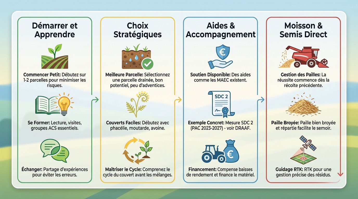Infographie expliquant les étapes clés pour réussir sa transition vers le semis direct