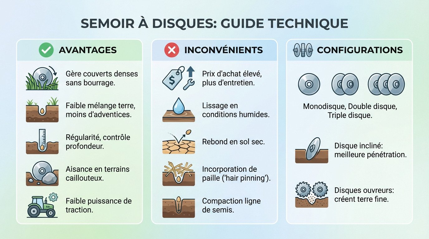 Schéma explicatif du fonctionnement d'un élément semeur à disques en semis direct
