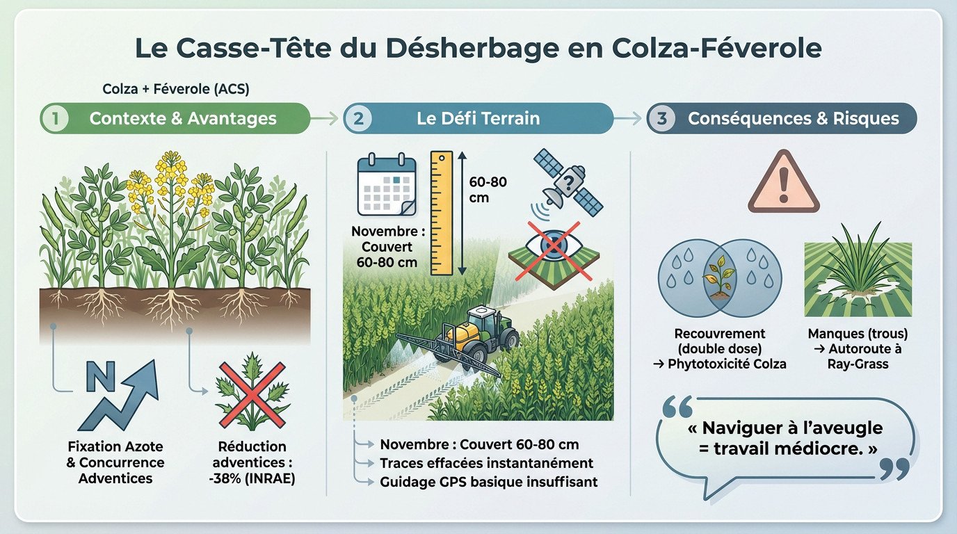 Agriculteur observant un champ de colza associé féverole dense rendant le désherbage complexe sans RTK