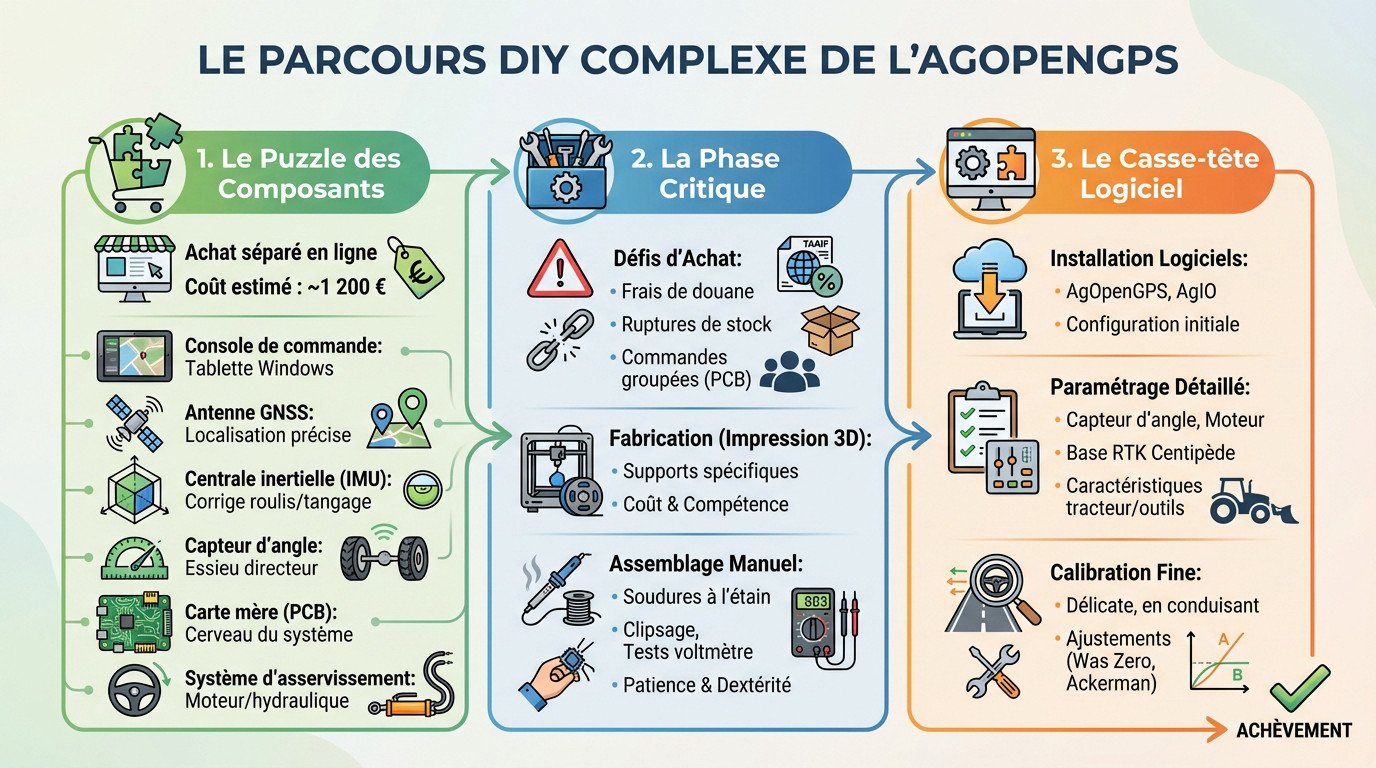 Schéma illustrant la complexité du câblage et des composants d'un système AgOpenGPS en cours de montage