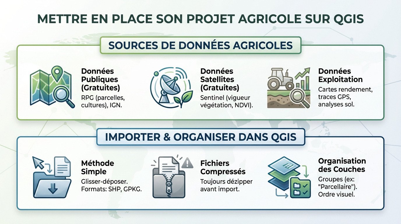 Interface QGIS affichant des données parcellaires et une analyse de rendement agricole