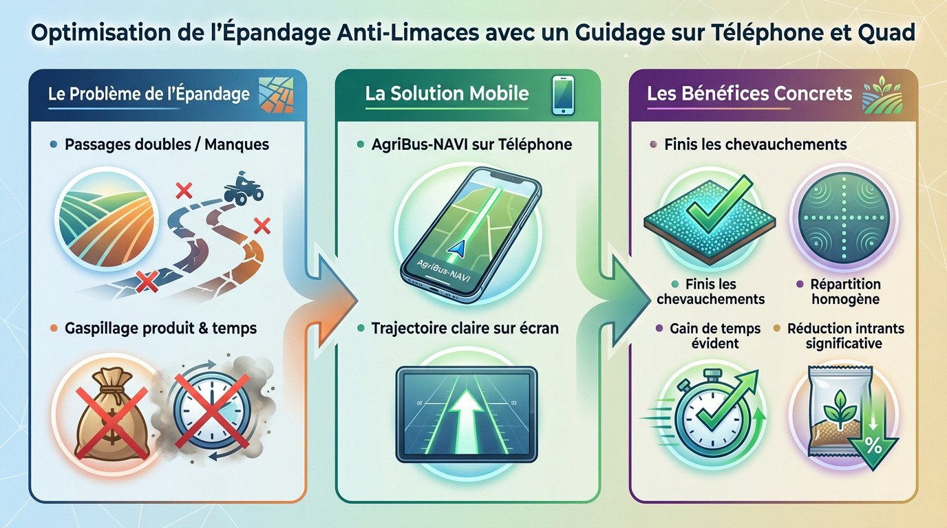 Quad agricole équipé d'un smartphone avec l'application AgriBus-NAVI pour l'épandage précis d'anti-limaces