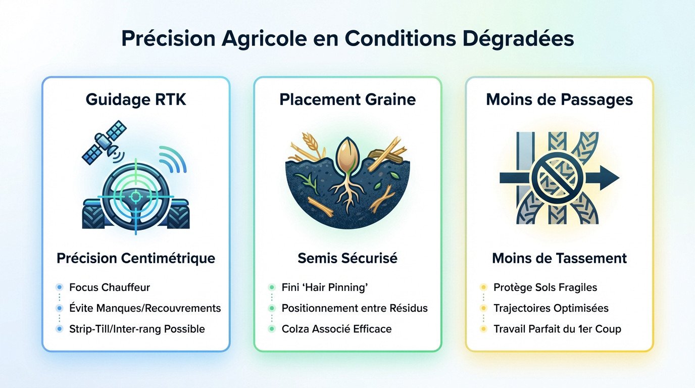 Tracteur équipé d'un guidage RTK effectuant un semis de précision en conditions humides
