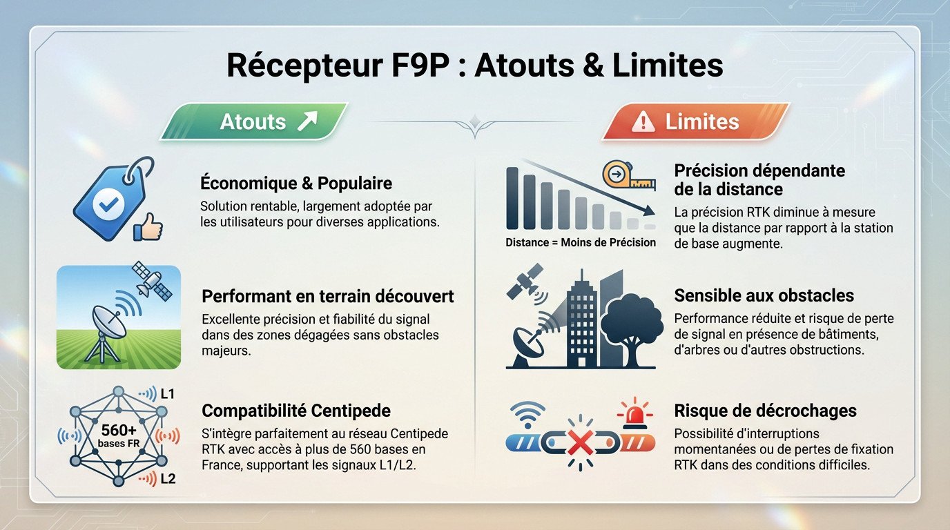 Module F9P u-blox montrant ses composants pour un récepteur GNSS agricole économique