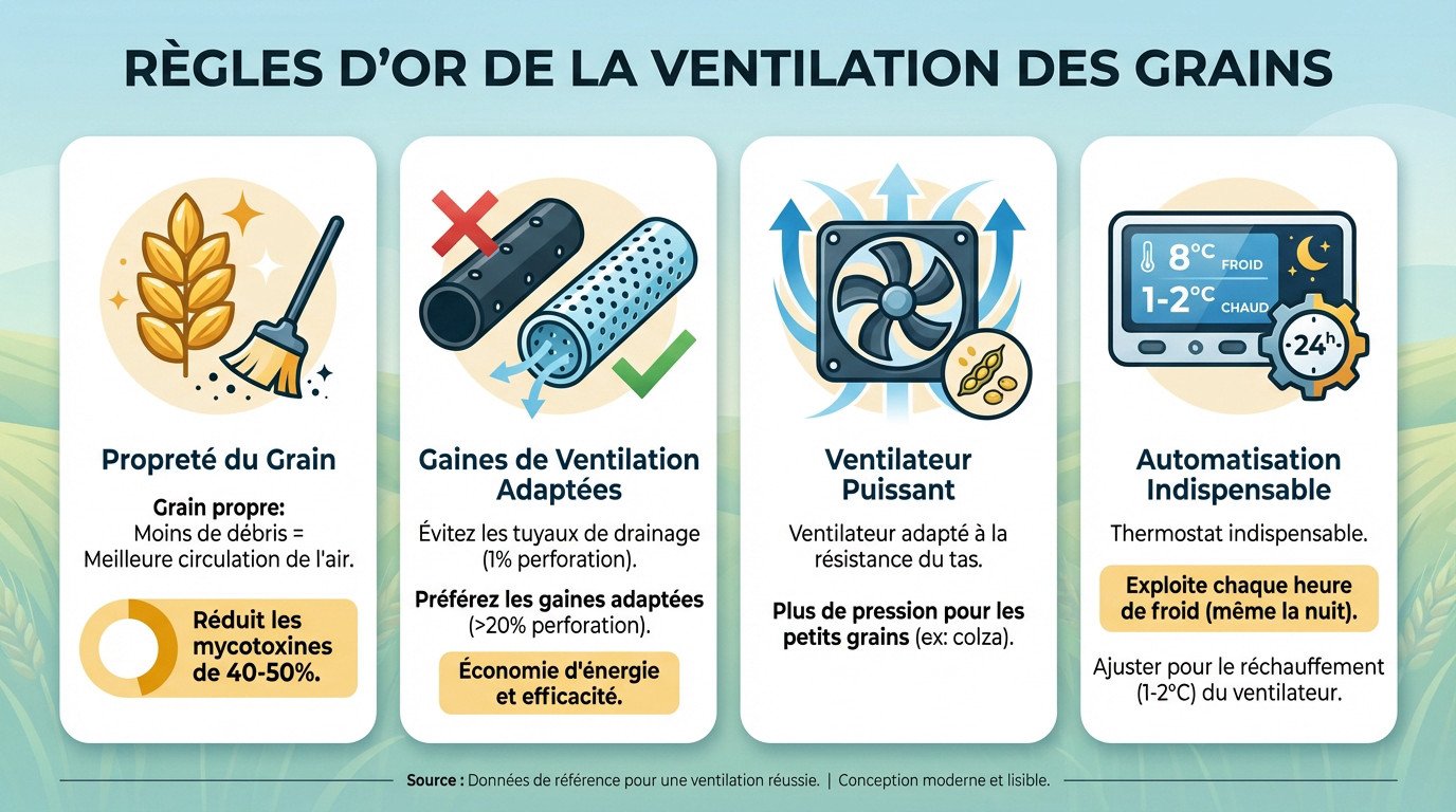 Schéma illustrant les bonnes pratiques de ventilation des céréales et l'importance du matériel adapté