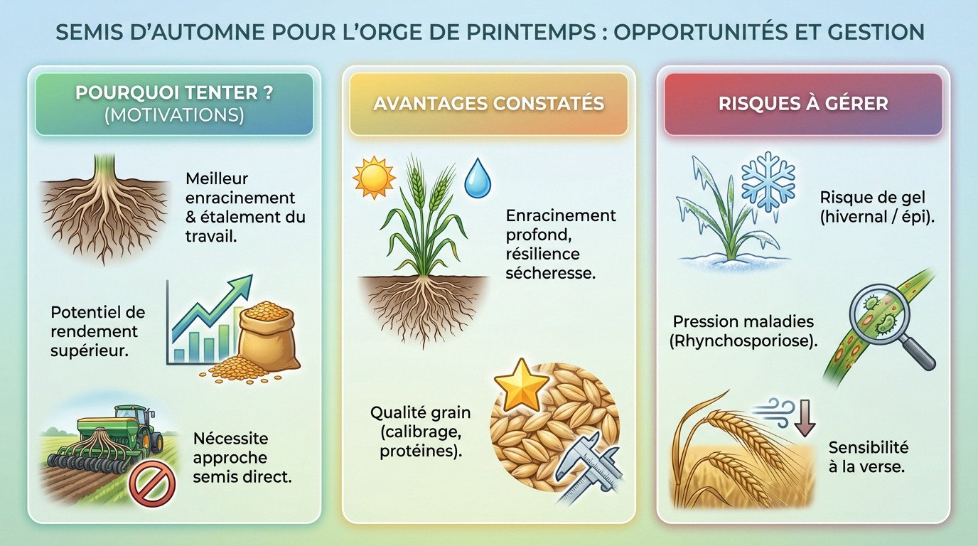 Agriculteur observant une parcelle d'orge de printemps semée en automne en semis direct