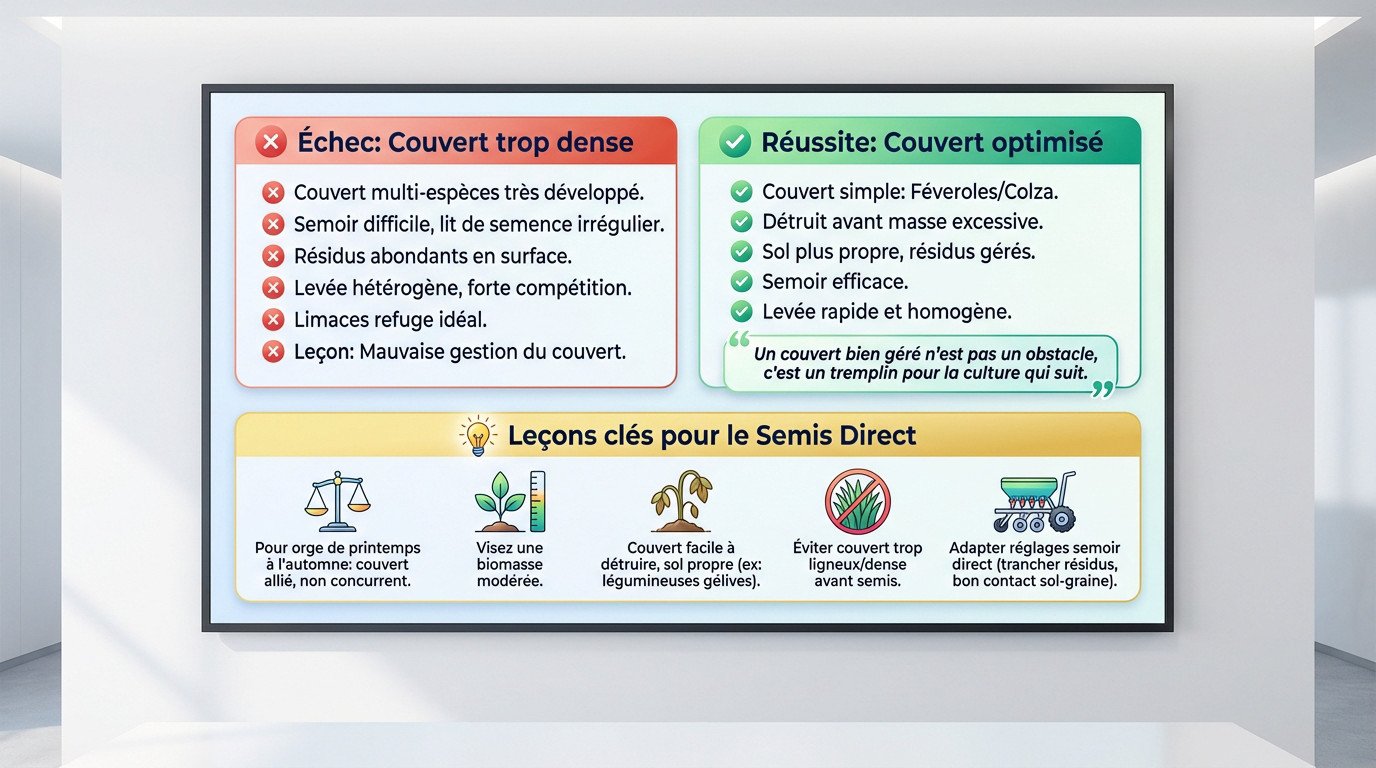 Comparaison semis direct orge : échec dans couvert dense vs réussite après féveroles