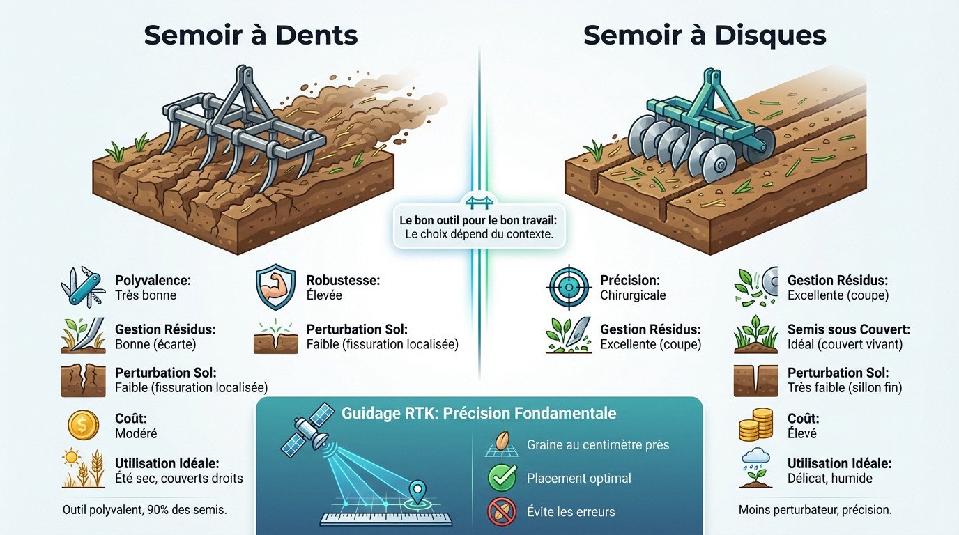 Comparaison technique entre un semoir à dents et un semoir à disques pour le semis direct avec guidage RTK