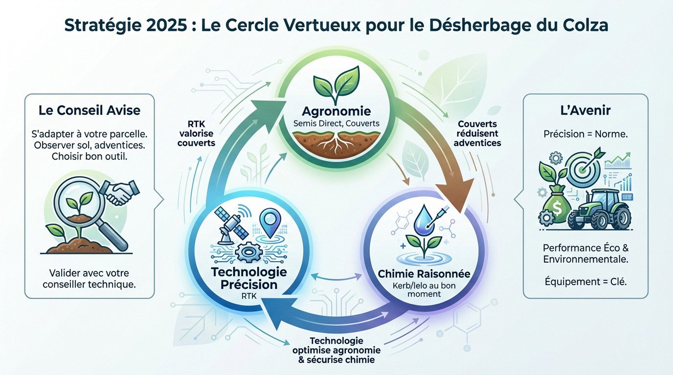Schéma illustrant le <strong>cercle vertueux pour le désherbage du colza</strong> : combinaison agronomie, chimie et technologie RTK”></p>
<h3>Le mot de la fin : le conseil avisé reste votre meilleur atout</h3>
<blockquote><p>“La meilleure stratégie, c’est celle qui s’adapte à votre parcelle. Observer son sol, ses adventices et choisir le bon outil au bon moment, c’est ça, <strong>le vrai métier d’agriculteur</strong>.”</p></blockquote>
<p>Attention, je le répète : cet article est un retour d’expérience terrain, pas une ordonnance. Les dosages précis et les choix finaux <strong>doivent impérativement être validés avec ton conseiller technique habituel</strong> avant d’aller au champ.</p>
<p>L’avenir est clair. La précision va devenir la norme absolue pour concilier ta performance économique et les exigences environnementales. Pour y arriver sans se ruiner, <strong>avoir le bon équipement est désormais la clé</strong>.</p>
<p>Pour aller plus loin dans la précision de votre <a href=