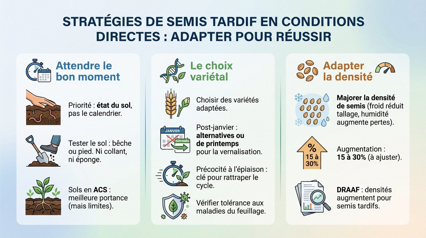 <strong>Semoir de semis direct</strong> dans un champ de blé avec résidus après un automne humide”>
</p>
<h3>Attendre le bon moment : la patience avant le calendrier</h3>
<p>Oublie le calendrier, regarde tes bottes. La priorité absolue n’est plus la date, mais <strong>l’état du sol</strong>. Une fenêtre de tir en janvier sur un sol ressuyé vaut mieux qu’un massacre agronomique en novembre. Fais le test de la bêche : si la terre fait éponge ou colle trop, reste au chaud.</p>
<p>Il te faut impérativement de la portance pour ne pas lisser le sillon. C’est là que les sols en agriculture de conservation (ACS) tirent leur épingle du jeu. Une structure bien établie offre une <strong>meilleure portance</strong>, même si elle n’est pas invincible face au compactage excessif.</p>
<h3>Le choix variétal : votre première assurance contre le retard</h3>
<p>Passé janvier, change de stratégie. Les variétés alternatives ou de printemps deviennent ta seule option viable pour éviter les accidents de vernalisation. La <strong>précocité à l’épiaison est ton critère numéro un</strong> : le blé doit sprinter pour éviter les stress hydriques de fin mai.</p>
<p>Jette aussi un œil aux notes de tolérance aux maladies. Un cycle court et rapide encaisse moins bien la pression fongique qu’un blé d’hiver classique, la <strong>vigilance reste donc de mise</strong>.</p>
<h3>Adapter la densité : plus n’est pas toujours mieux, mais souvent nécessaire</h3>
<p>Avec le froid, le tallage sera minable. Tu dois majorer la densité de semis pour compenser ce déficit physiologique. Les conditions humides augmentent les pertes à la levée ; il faut <strong>sécuriser le nombre d’épis au m²</strong> coûte que coûte.</p>
<p>Vise une <strong>majorer de 15 à 30 %</strong>, à ajuster selon le sol. C’est confirmé par les données sur les <a href=