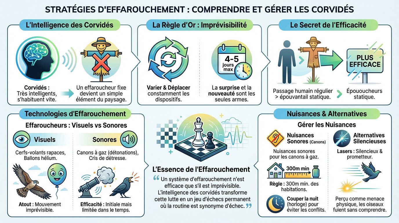 Agriculteur installant un effaroucheur visuel type cerf-volant dans un champ de maïs pour protéger les semis contre les corvidés