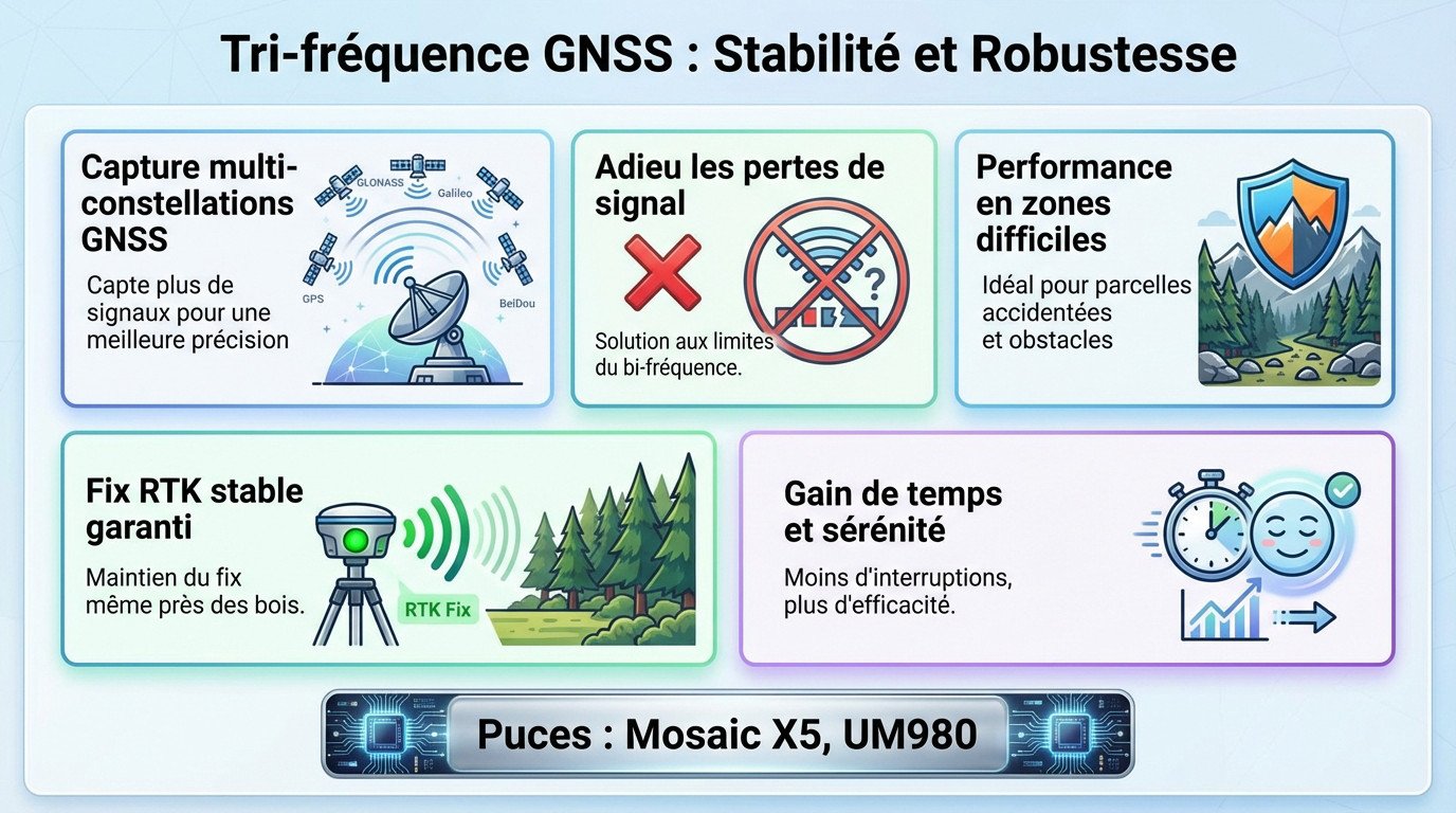 Récepteur GNSS tri-fréquence Mosaic X5 pour guidage agricole stable
