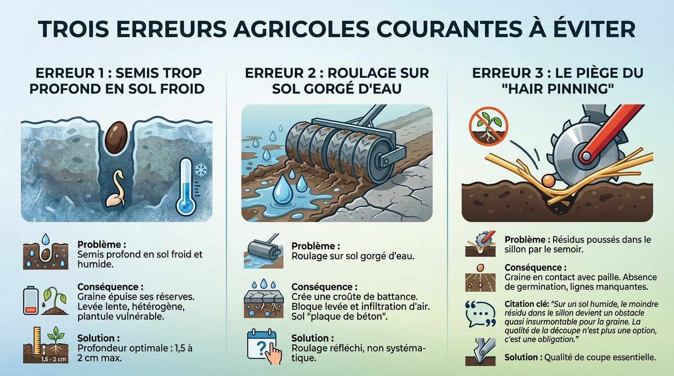 Illustration des erreurs courantes en semis direct : profondeur excessive, compactage et gestion des résidus