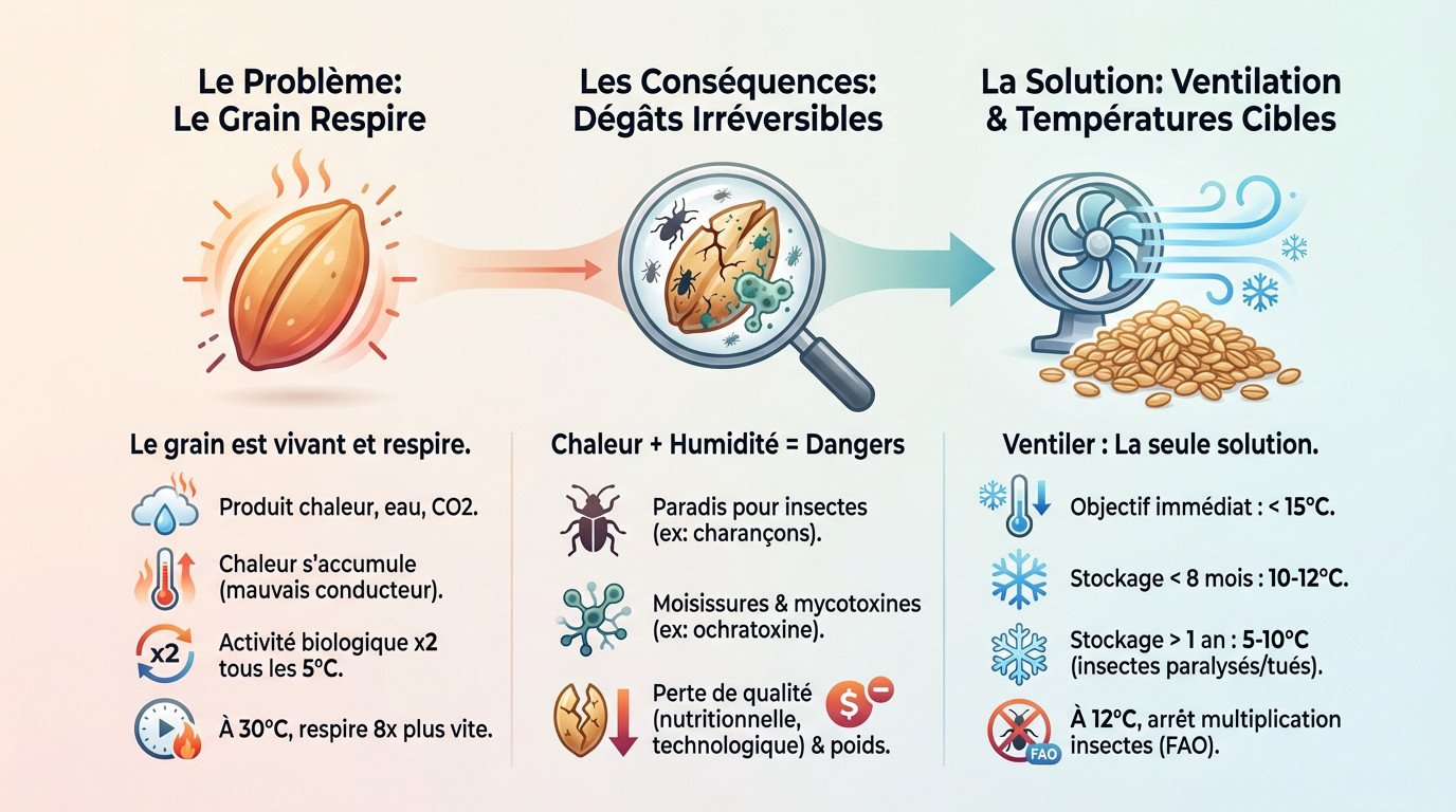 Schéma des dégâts liés à une mauvaise ventilation des céréales et solutions de refroidissement