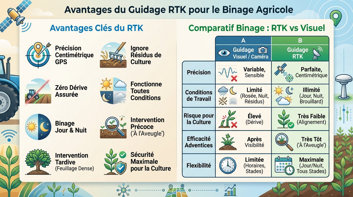 Tracteur équipé d'un guidage RTK effectuant un binage de précision dans un champ de colza
