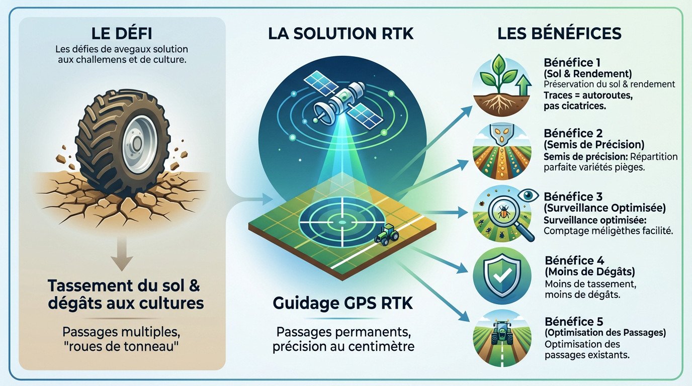 Tracteur équipé d'un système de guidage RTK travaillant avec précision dans un champ de colza