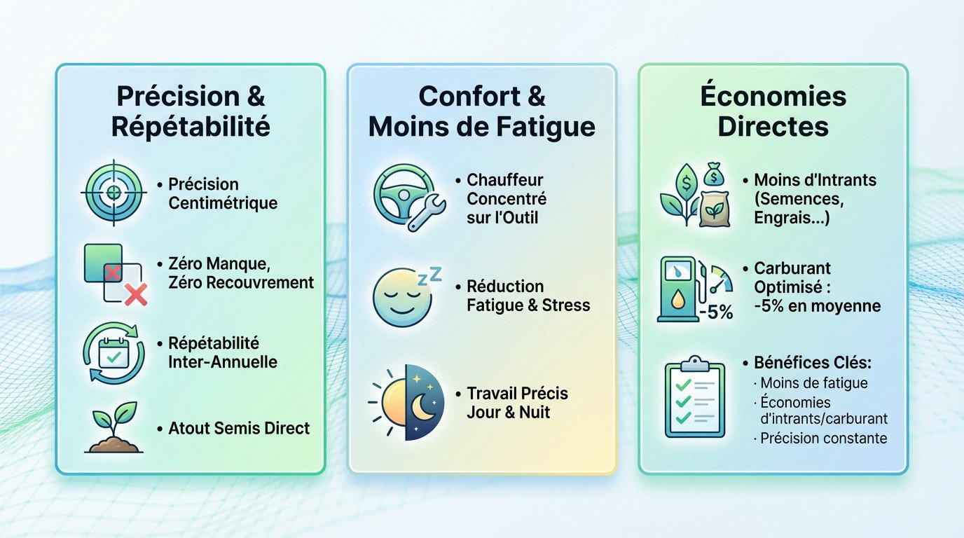 Schéma comparatif des économies de carburant et d'intrants avec et sans autoguidage RTK