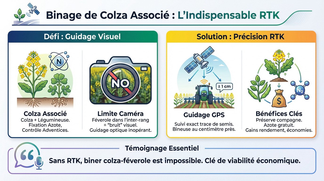 Tracteur équipé d'un système de guidage RTK binant une parcelle de colza associé à la féverole