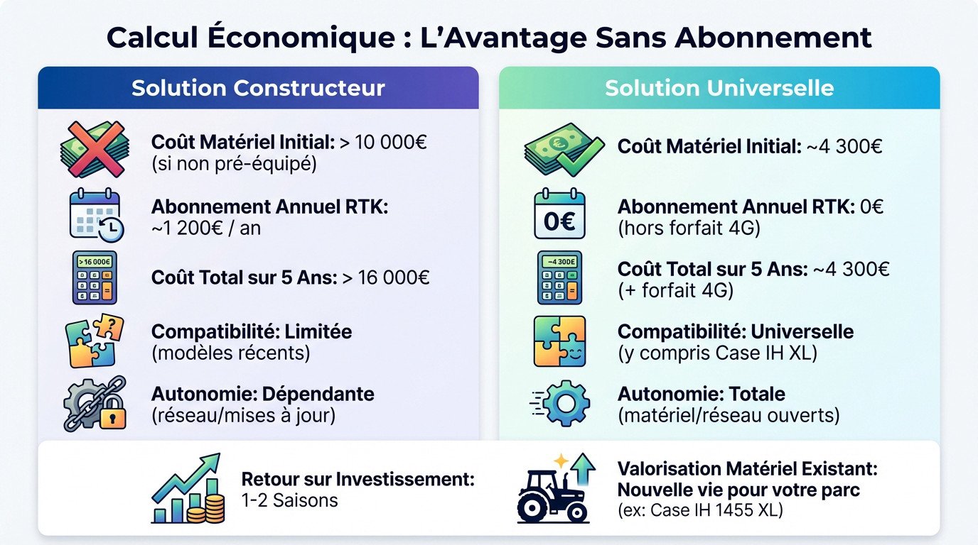 Comparatif économique autoguidage RTK Case IH sans abonnement vs solution constructeur