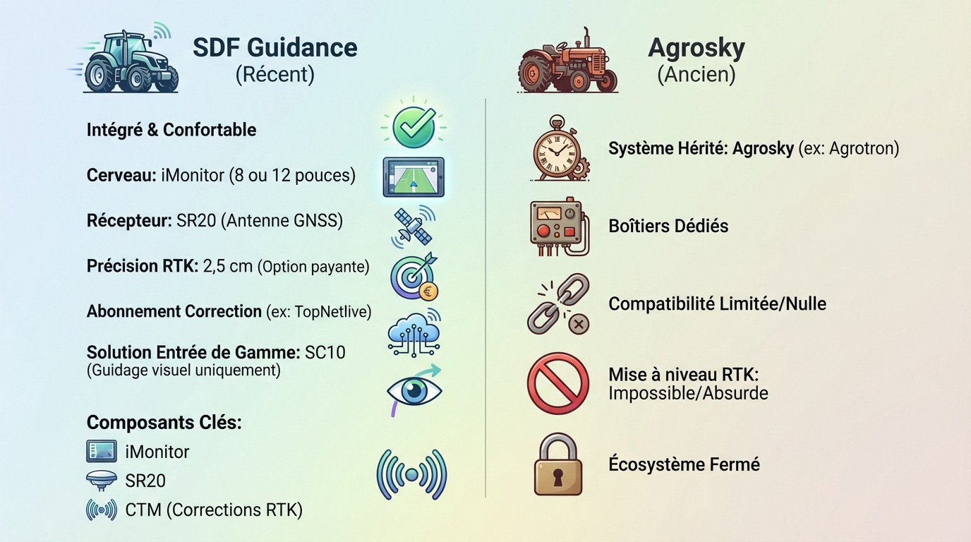 Comparaison des systèmes d'autoguidage Deutz-Fahr : SDF Guidance moderne contre l'ancien système Agrosky sur tracteur