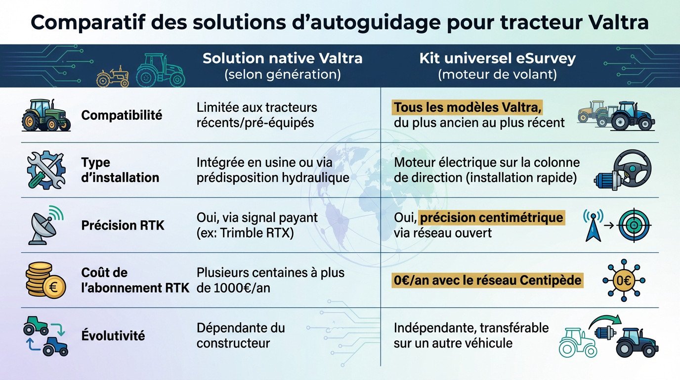 Tableau comparatif des solutions d'autoguidage pour tracteur Valtra : natif vs kit universel eSurvey